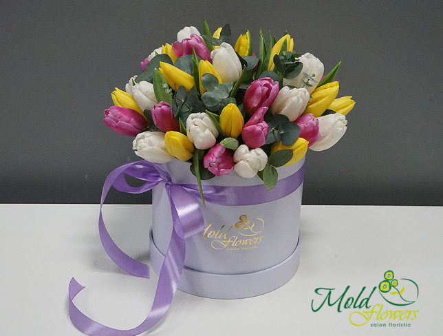 Коробка c разноцветными тюльпанами Фото